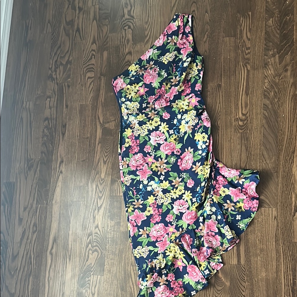 Lulu's Floral Asymmetrical Dress - Navy and Pink